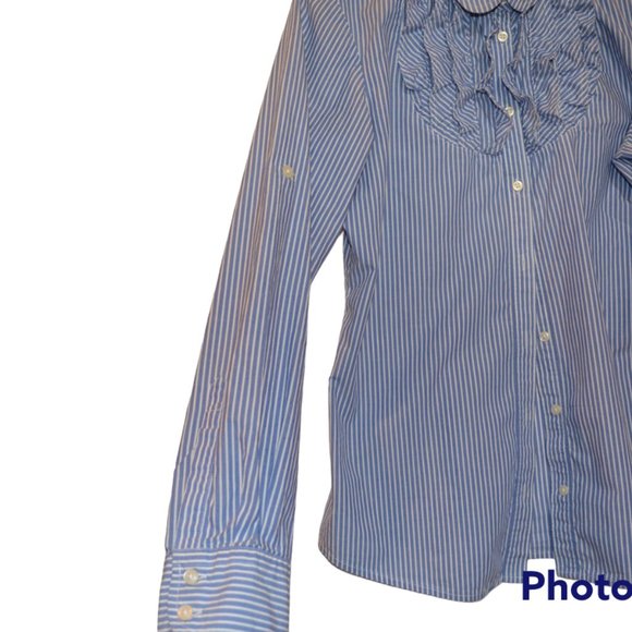 GAP Long Sleeves Cuff Blue White Stripes Button Down Front Ruffled Shirt Women S - Picture 5 of 6